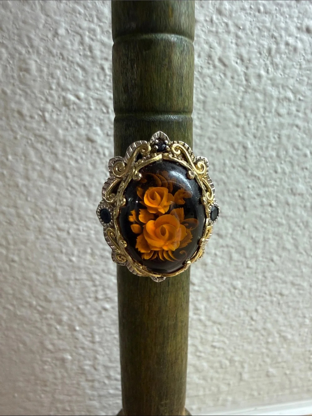 Vintage Reverse Carved Baltic Amber Floral Stone Sterling Silver Ring
